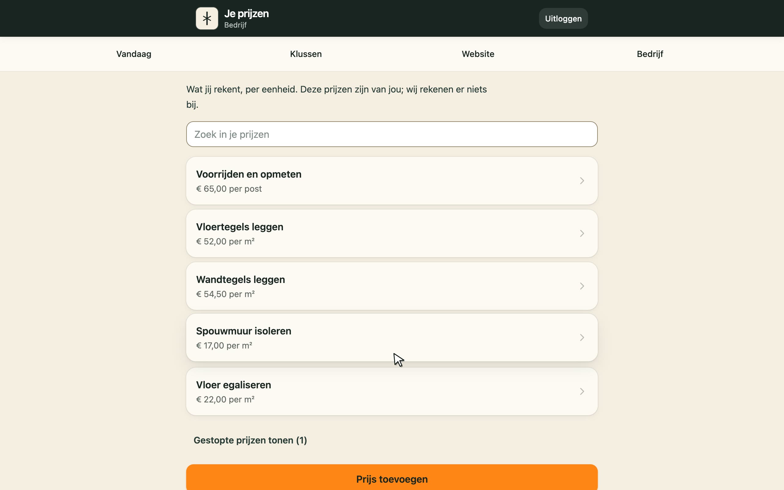 De prijzenlijst in de app: materiaal en arbeid per eenheid, met eigen tarieven.