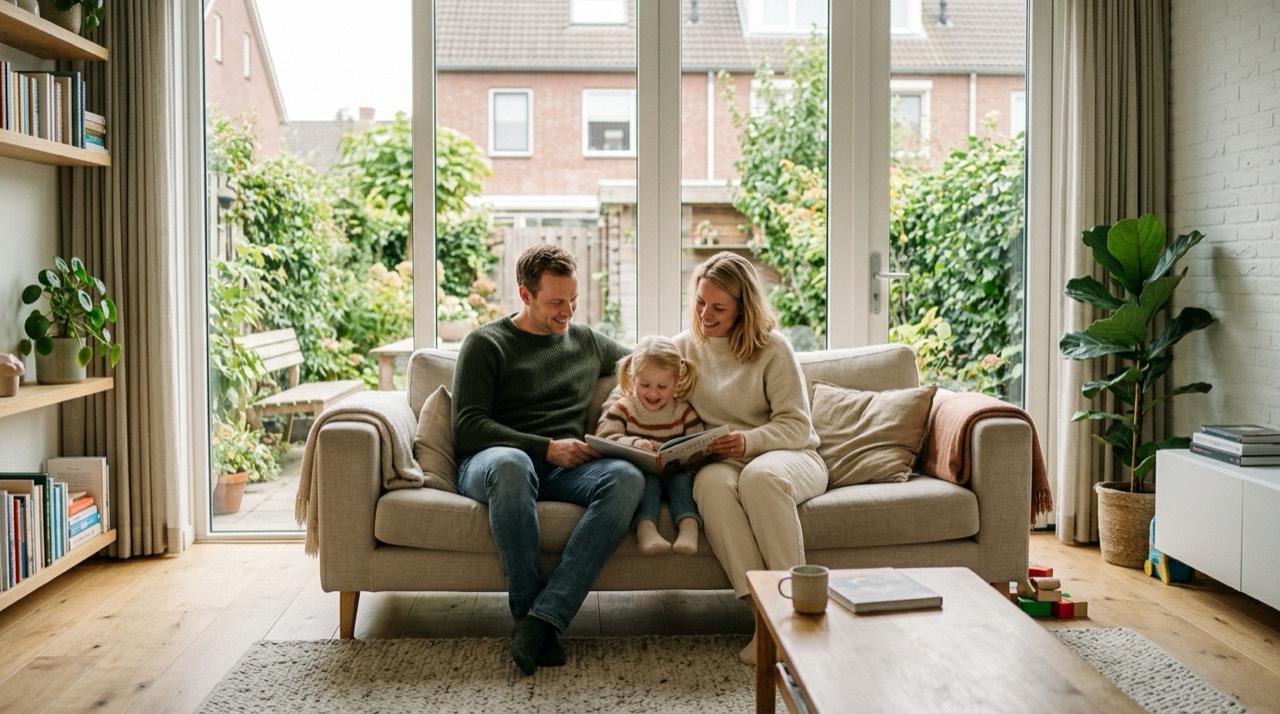 Gezin leest samen op de bank in een lichte Nederlandse woonkamer